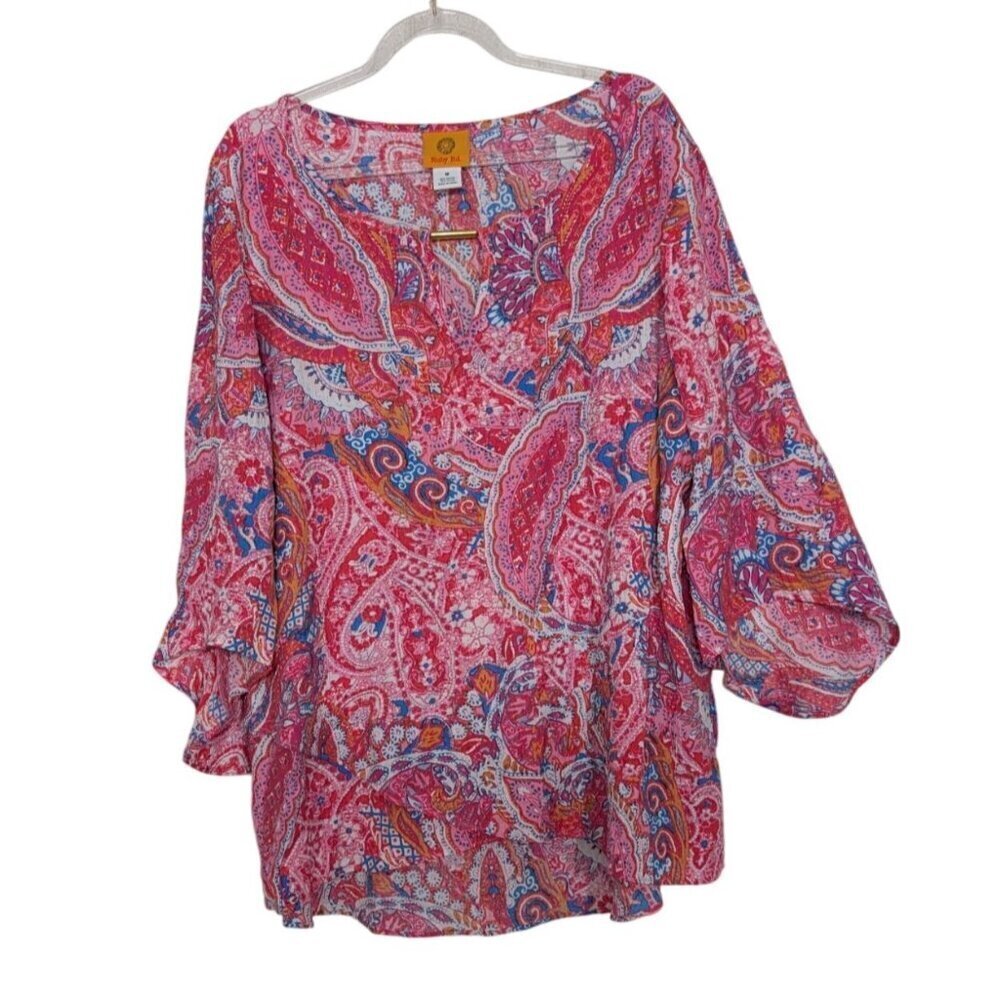 Ruby Rd Turkish Split Neck Gauze Top Womens Size Medium Pink Paisley 3/4 Sleeves